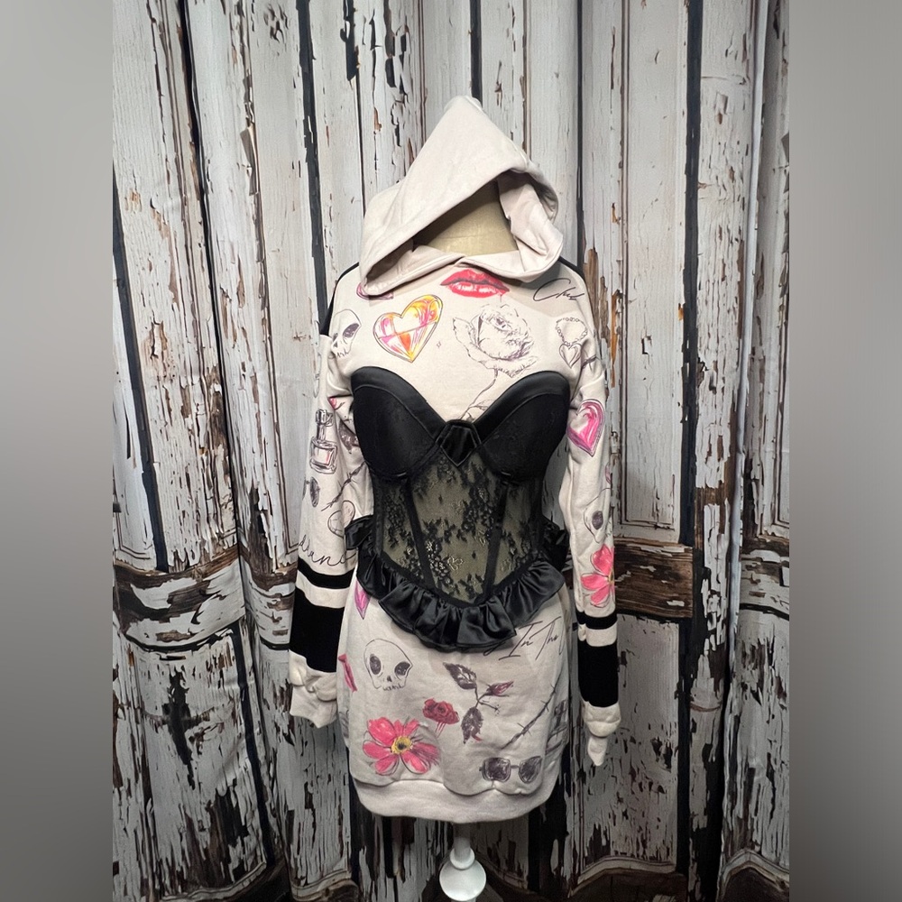 AKIRA Cream Sweater Dress with Black and Red Accents